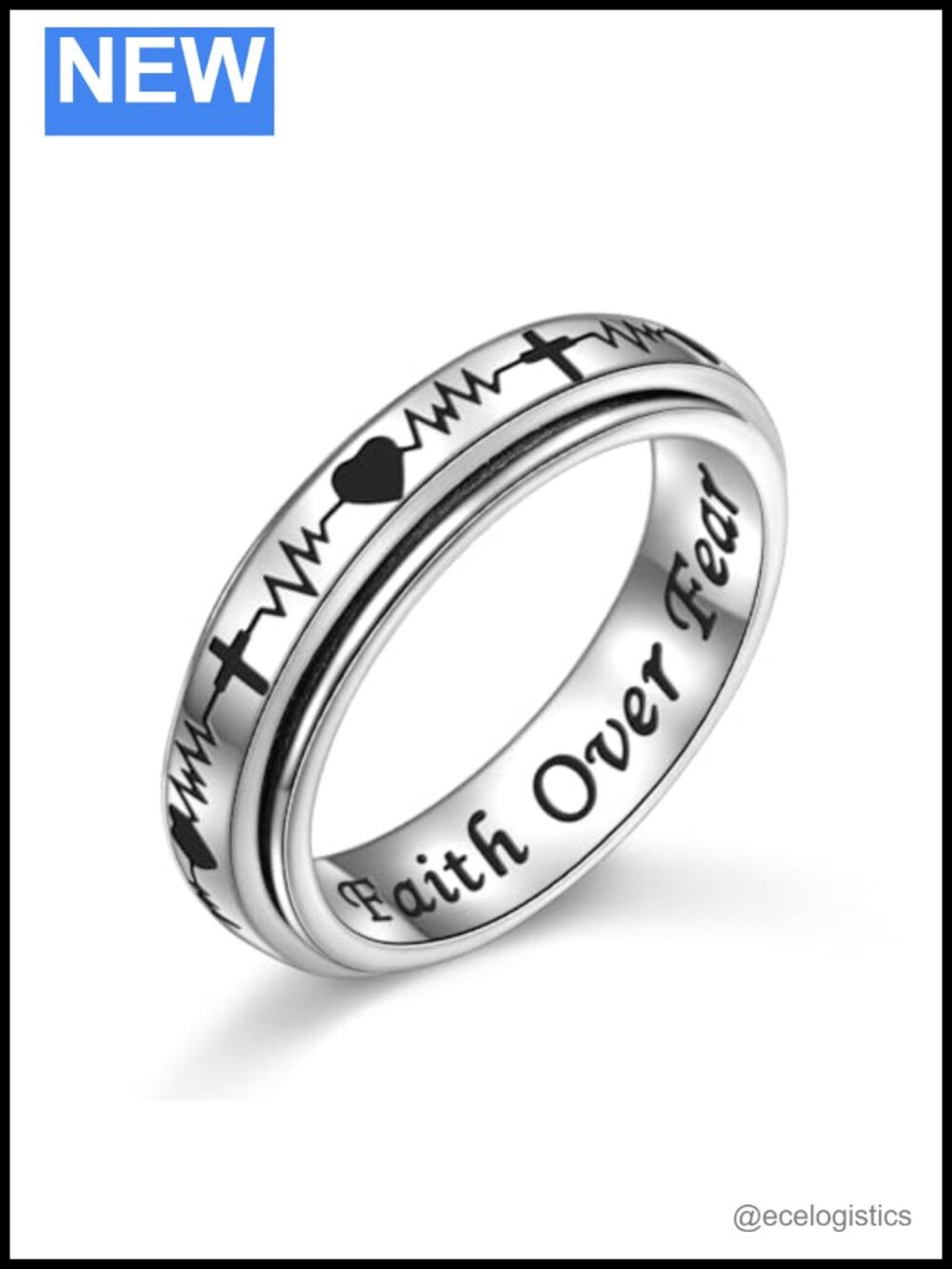 925 Sterling Silver ECG Heartbeat Cross Spinner Ring Anxiety Fidget Size 7